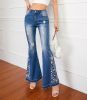 ladies jeans mid waist pants flared wide leg jeans stereoscopic 3D embroidered jeans