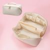 Large Capacity PU Leather Weave Cosmetic Bag Women Portable Travel Makeup Bag With Handle and Divider Flat Lay