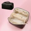 Large Capacity PU Leather Weave Cosmetic Bag Women Portable Travel Makeup Bag With Handle and Divider Flat Lay