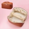 Large Capacity PU Leather Weave Cosmetic Bag Women Portable Travel Makeup Bag With Handle and Divider Flat Lay