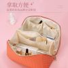 Large Capacity PU Leather Weave Cosmetic Bag Women Portable Travel Makeup Bag With Handle and Divider Flat Lay