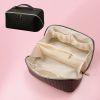 Large Capacity PU Leather Weave Cosmetic Bag Women Portable Travel Makeup Bag With Handle and Divider Flat Lay