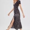 Casual women v-neck floral print puff sleeve side slit midi dress