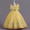 Hot Sale Applique Sleeveless Puffy Dresses Long Ball Gown Kids Wedding Party Dress