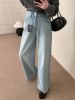 Emoni Summer Blue Double Button High Waist Jeans for Women's 2024 New Trouser Feet Hollow Edge Wide Leg Crop Pants 63574