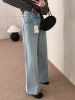 Emoni Summer Blue Double Button High Waist Jeans for Women's 2024 New Trouser Feet Hollow Edge Wide Leg Crop Pants 63574