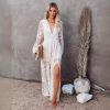 2021 Spring/Summer Cross-border Amazon New European and American Women's Lace Long Sleeve V-Neck Solid Color Chiffon Summer Dress Amazon New European and American Women's Lace Long Sleeve V-Neck Solid Color Chiffon Summer Dress