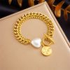 DaDa Fashionable retro simple versatile cold cool pearl heart medal OT buckle chain, stainless steel gold-plated bracelet