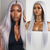  Luxurious Silver Gray Straight Wig, Extra Long Length, Heat Resistant Synthetic Hair, Center Part