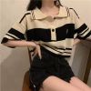 Polo collar knitwear T-shirt women's summer design sense niche striped shoulder loose slim short chic top