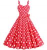 New women's retro summer dress with satin ribbon, square collar, polka dot printed suspender