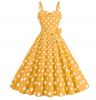 New women's retro summer dress with satin ribbon, square collar, polka dot printed suspender