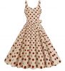 New women's retro summer dress with satin ribbon, square collar, polka dot printed suspender