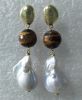 Pearl Earring with gemstone---tiger eye stone