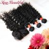 Unprocessed Deep Wave Peruvian Virgin Human Hair 4pcs Lot Middle Part Lace Closure With 3pcs Wefts, Bleached Knots