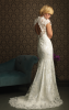 A Line V Neck Short Sleeve Appliques Court Train Lace Wedding Dresses