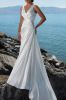 A Line V neck Sleeveless Adorned Jewelry Satin Beach Bridal Dresses with Rhinestones