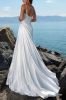 A Line V neck Sleeveless Adorned Jewelry Satin Beach Bridal Dresses with Rhinestones