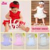 Wholesales retail new baby girls dress sleeveless rosette ruffle romper vestidos with sandal and headband set