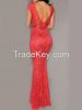 Red Deep V Neck Open Back Lace Dress