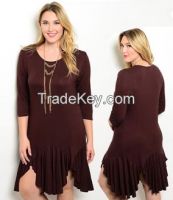 Pleated asymmetrical hemline plus size dress brown 17083