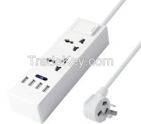 5V (1A + 1A + 2.1A + 2.1A) 4 USB Ports Charging + 1 Extension Socket Travel Adapter with Power Button, UK Plug(White)