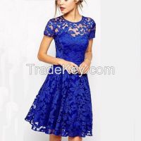 O-neck short sleeves lace dress