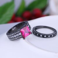 925 Silver Sterling Black Ring Set Red Ruby Gemstone And Cz Rings