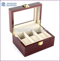 3-slots glossy piano lacquer wood watch box with pillows