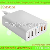 Quick Charge 2.0, 60W 6 port USB Fast Charger Wall/Travel Power Adaptor with Qualcomm Technology for Apple iPhone 6s 6s plus 5s 5c 4s and Tablets