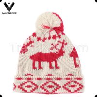 2016 new fashion deer jacquard pattern beanie hat with pompom
