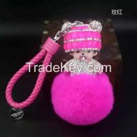 2016 new Monchichi keychain 8cm real rabbit fur pom pom Crystal Monchi