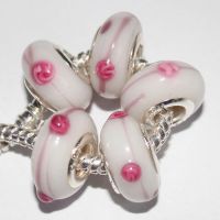 5PCS GORGEOUS BIG HOLE LAMPWORK 925 STERLING SILVER MURONA GLASS BEADS WHITE & PINK ROSE FIT CHARMS EUROPEAN BRACELET B1649 