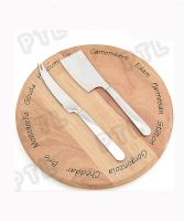 stainless steel cheese knife with rounded swiveling wooden cutting board 