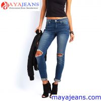 Women's Blue Denim Stretch Jeans Destroy Skinny Ripped Distressed Pants Maya Garment Co., Limited