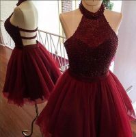 Burgundy homecoming dress,a line homecoming dress,halter party dress,beading short prom dress,women homecoming dress