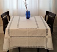 Designer linen tablecloth with 3 rows cotton lace.