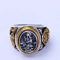 Mens 925 Silver Golden Two Tone Retro Dragon Black Silver Ring (xh047664w)