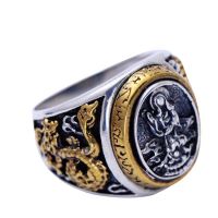 Mens 925 Silver Golden Two Tone Retro Dragon Black Silver Ring (xh047664w)