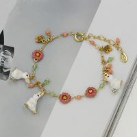 Vintage Enamel Jewelry Flower Bracelet With Rabbit Charm