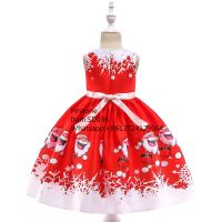 High Quality Kids Carnival Costume Girls Satin Santa Claus Print Pattern Christmas Party Dress SD036