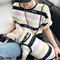 Striped clothing T shirts matching dog and owner clothes
