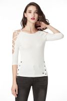 3/4 Sleeve Top Women, Knit Rib T-shirts With Cross Binding Functional On Two Sides Of Shoulder