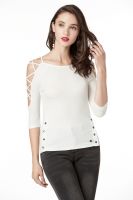 3/4 Sleeve Top Women, Knit Rib T-shirts With Cross Binding Functional On Two Sides Of Shoulder