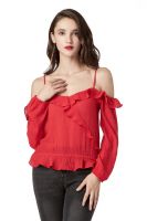 Off Shoulder Tops for Women Ruffle V Neck Long Sleeve Red Blouses for Women&#039;s Sexy Mini Tops