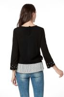 Black Long Sleeve Blouses For Women, Round Neck Cute Tops With Pearls On Cuff And Contrast Stripe On Hem 