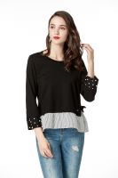 Black Long Sleeve Blouses For Women, Round Neck Cute Tops With Pearls On Cuff And Contrast Stripe On Hem 