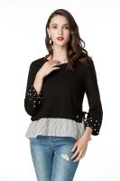 Black Long Sleeve Blouses For Women, Round Neck Cute Tops With Pearls On Cuff And Contrast Stripe On Hem 