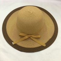 wholeseller fashion lady brown striped straw sun hats with ribons, trend women beach hat, elegant paper bucket hat, recycle customized fashion accessories