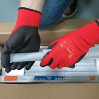 ABCsafety export 15+years low-cost manufacturer gloves Nylon Gloves with Nitrile Foam Palm Coating Red Nylon Shell Coated Gloves Black Nitrile Palm Coated Glove